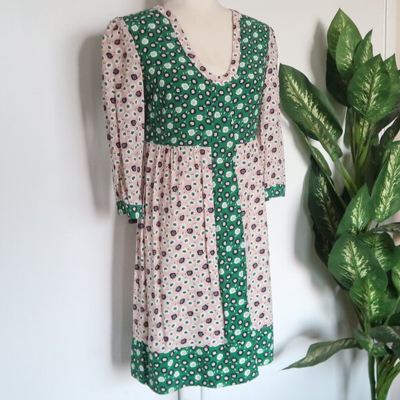 Boden Green Pink Floral 3/4 Sleeve Mini Dress Viscose Boho Spring Summer Size 2 - Picture 3 of 16